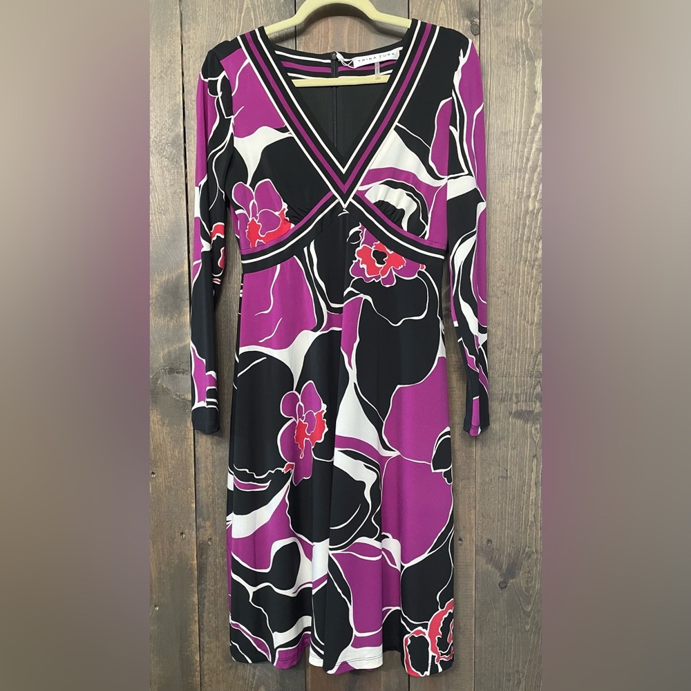 Floral Trina Turk V-Neck Dress - Purple, Black, White